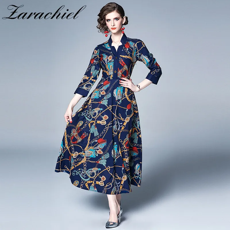 

Women 2019 Summer Long Dresses Plus Size Fashion Runway V Neck Single-Breasted Vintage Print Boho Dress