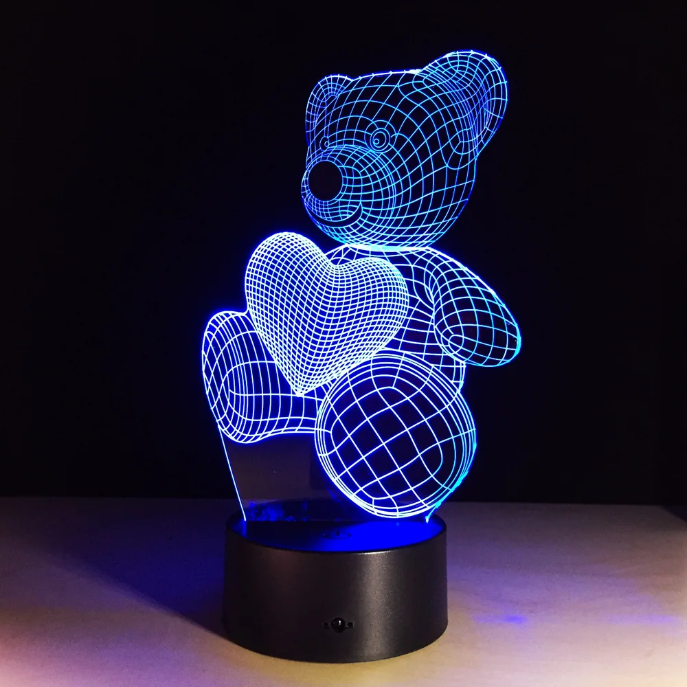 Cute Heart Bear Lamp 3D Baby Light novelty toy lamp 7 color changing visual illusion LED light