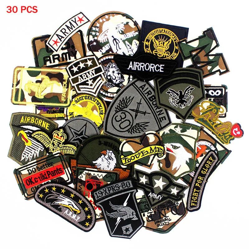 

30pcs/lot Tactical Morale Troops Army Patches Badge Military Embroidery patch iron on for clothes Jacket Jeans Applique