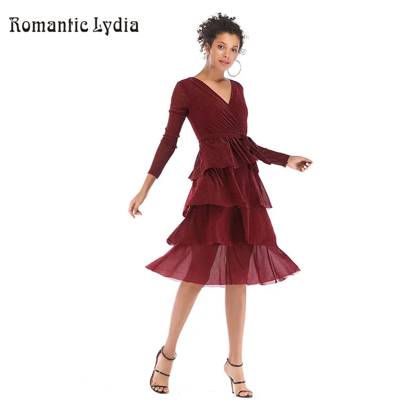 

Vintage A-Line Party Dress V Neck Long Sleeve Draped Midi Dress High Low Multi-layer Lotus Leaf Pleated Dress