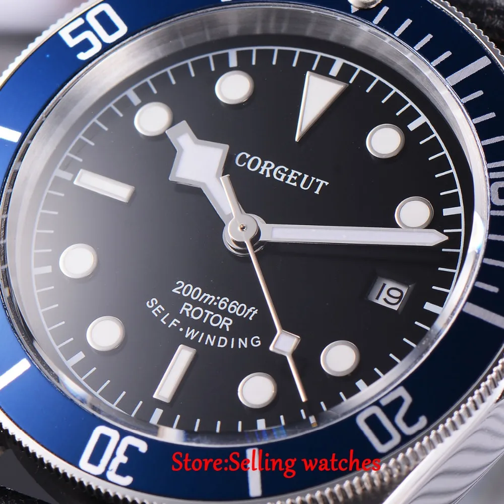 41 мм corgeut черный Циферблат Световой сапфир Стекло Автоматическая Мужские часы для дайвинга C02