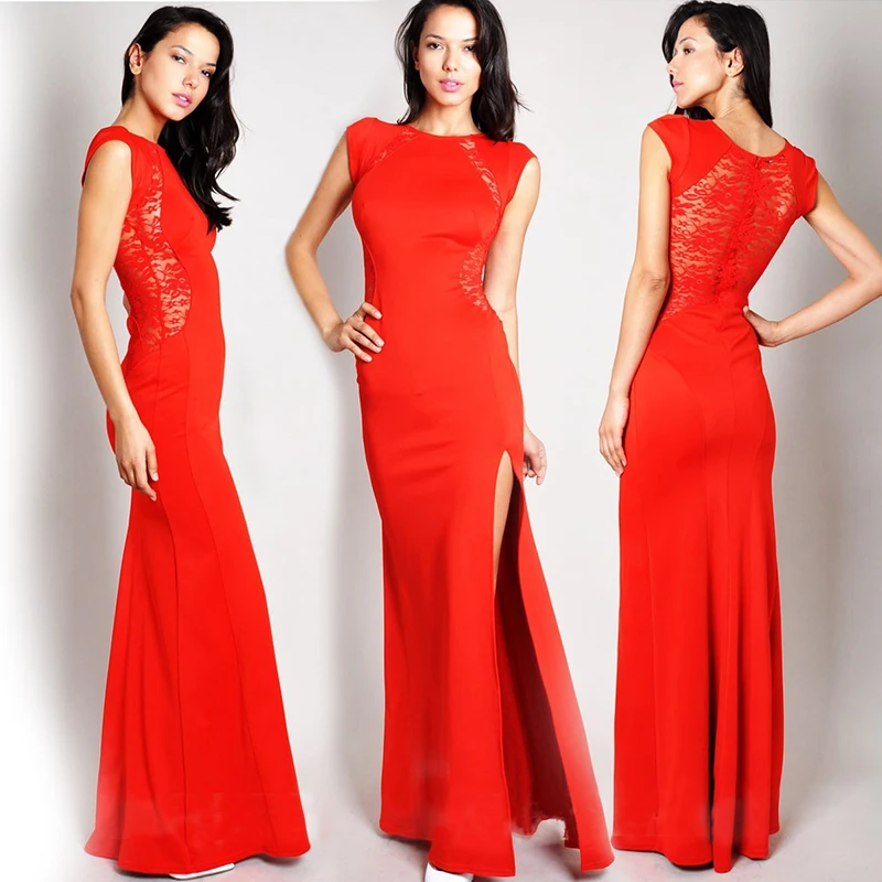2016 Long Red Lace Dress Prom XXL Bodycon High Split Women Dress