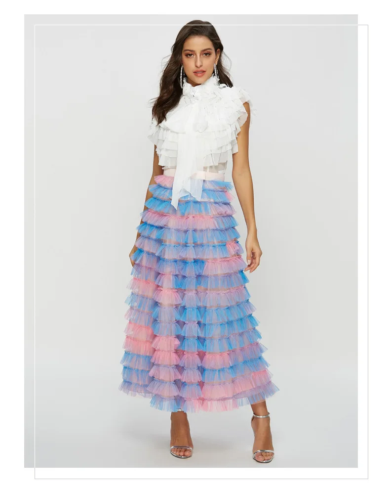 Высокая уличная мода, Корейская Пышная юбка, женская летняя разноцветная элегантная фатиновая юбка с бантом, женские длинные макси юбки бальное платье