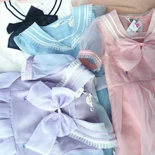 Принцесса сладкий Лолита платье японский мягкий amo школьный стиль темно-синий бант с высокой талией из органзы с коротким рукавом пряжа YWW000