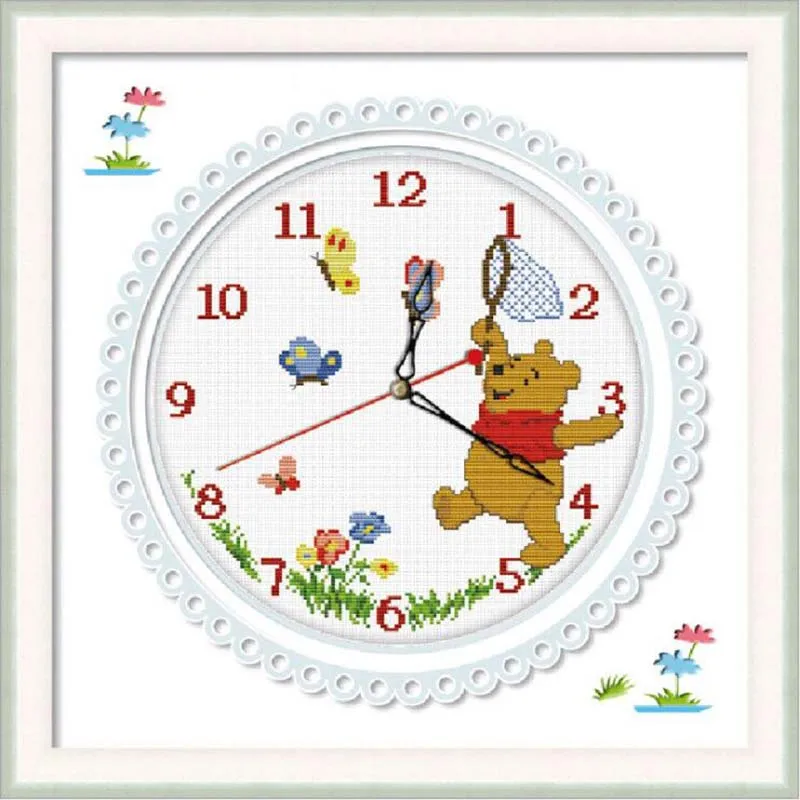 Cross Stitch Clock Kit Bear Butterfly Counted Cross Stitch 11CT Chinese