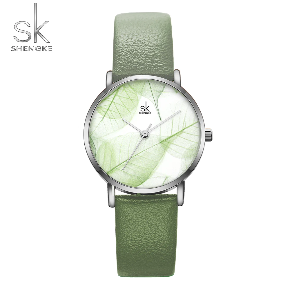 

Shengke New Women Watches Ultra thin Fresh Green Dial Quartz Wristwatches Fashion Slim Leather Strap Design Clock Zegarek Damski