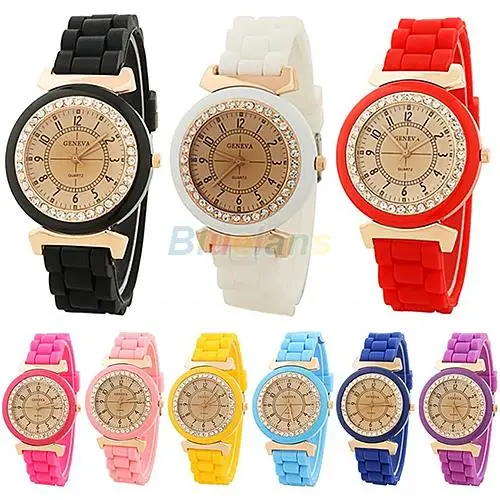 

Hot Sales Geneva Silicone Retro Golden Crystal Stone Quartz Ladies/Women/Girl Wrist Watch