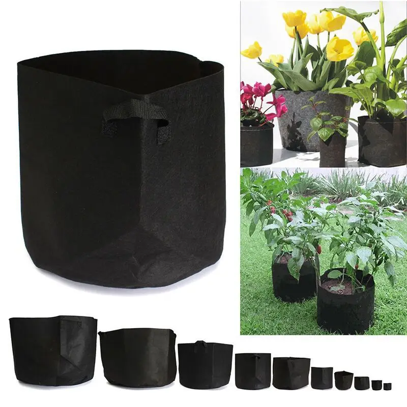 

5 pcs Non Woven Tree Fabric Pots Grow Bag Root Container Plant Pouch black hand with planting flowers Grows Seedling Flowerpot