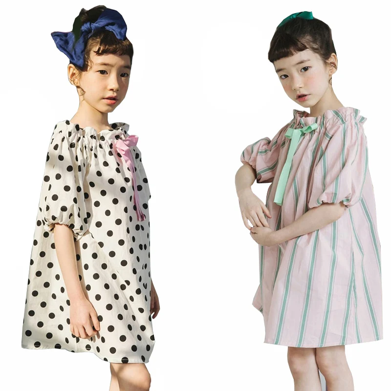 

bow ruffle dress for teens Girls summer dot stripe loose dresses age 4-14 yrs 2019 kids princess party frocks children clothing