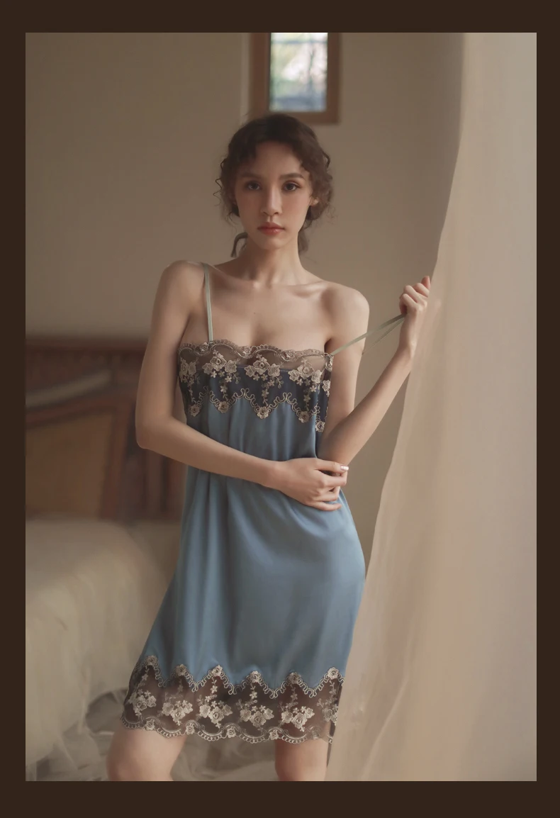 Новая Сексуальная женская пижама ночная сорочка на бретельках Вышивка цветок атласная ночная рубашка на бретелях с G-strng