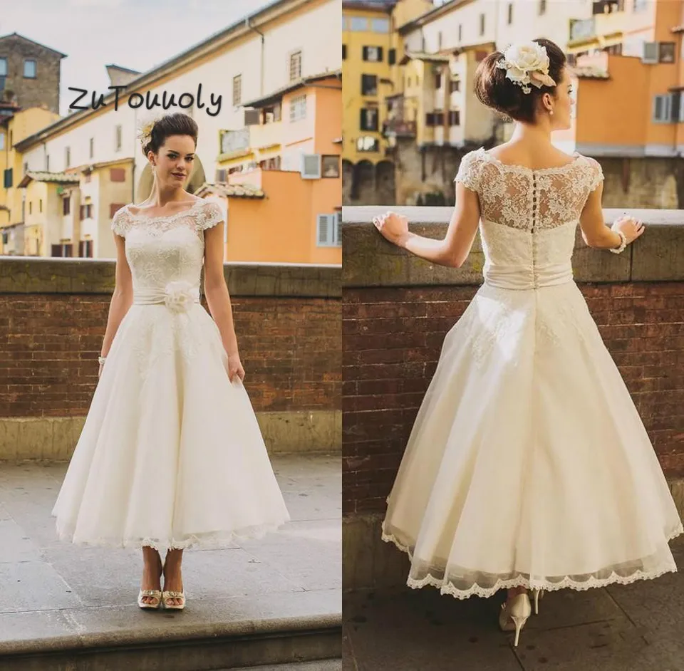 Vintage Longitud Del Tobillo Corto Vestidos De Boda De Playa Uk Con Flores Pura Cuello Casquillo Mangas Boton 2019 Boda Vestido Boda Boho Vestidos De Novia Aliexpress