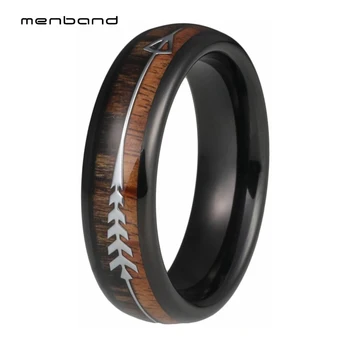 

6mm Black Tungsten Carbide Rings for Women Men Nature Wood Arrow Inlay Wedding Bands Polished Shiny