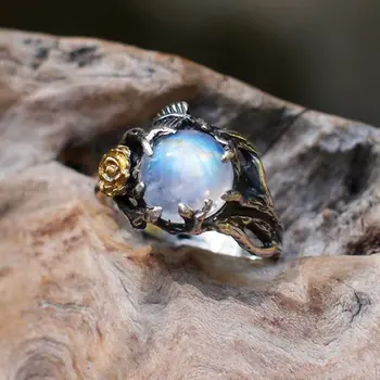 Vintage Moonstone Ring For Women Black Jewelry Gold Flower Finger Ring Female Charming Jewelry Gift Wedding Statement Ring