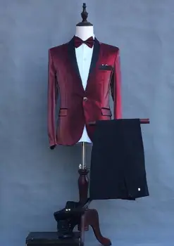 

Singer star style dance stage clothing for men groom suit set with pants 2020 mens suits costume wine red formal dress tie