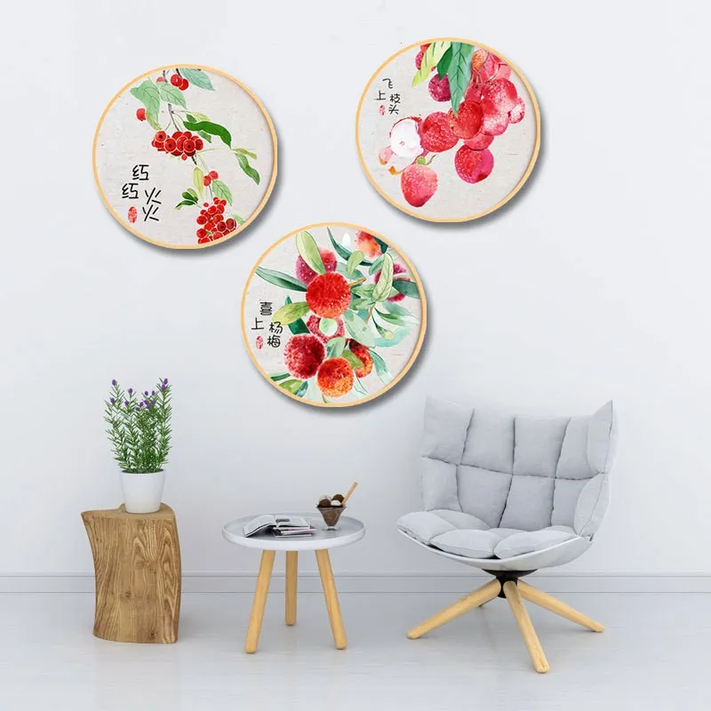 

Chinese style ins solid wood round decorative painting simple modern living room paintings restaurant Fruit ink mural