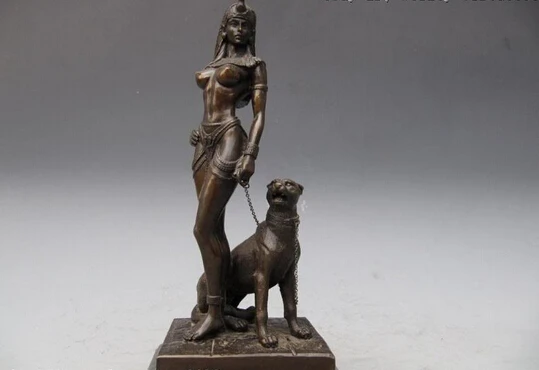 

S0513 11 Egypt Nude Queen Cleopatra And Big Cat Bronze Copper Art Sculpture D0317