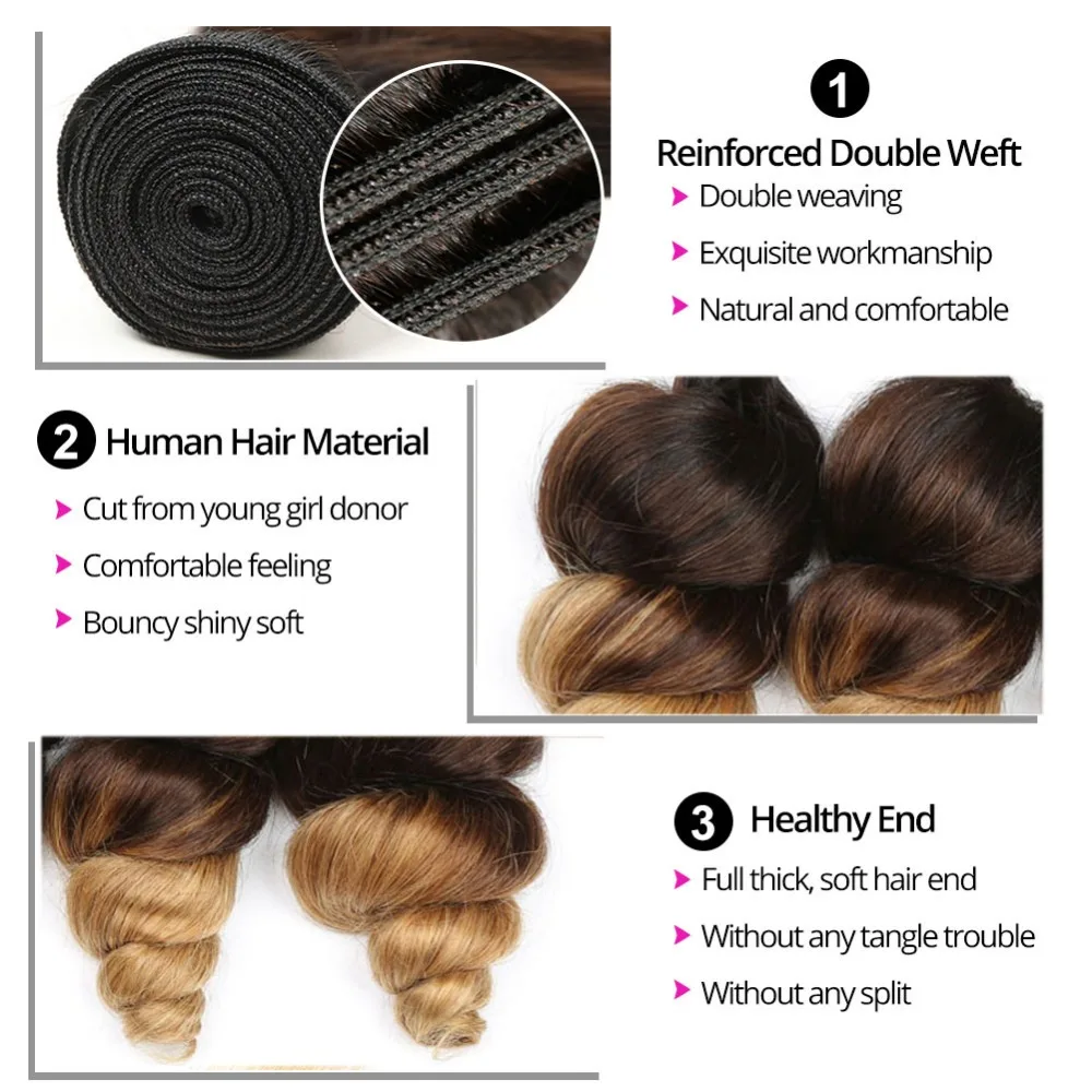 Black Brown Blonde Loose Wave Ombre Peruvian Hair Bundles T1B427 Ombre Human Hair Weave 3 Tone Color 34 Bundles Remy Hair (5)