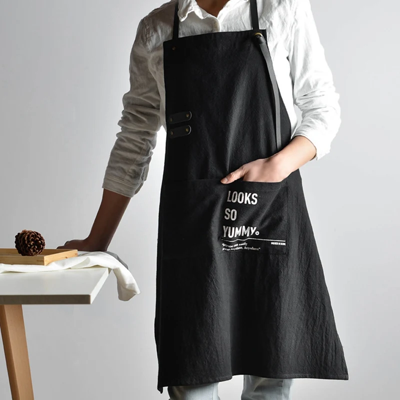Фартук хлопок и лен выпечки сплошной цвет студия корейские Рабочие Комбинезоны талии кухонный фартук мясника - Цвет: black
