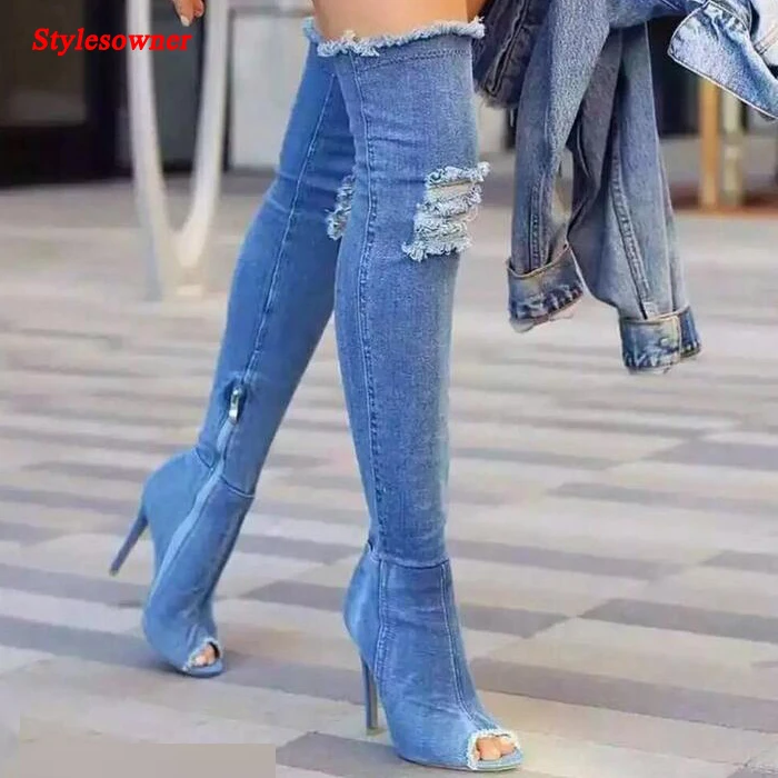 Buy Stylesowner Sexy Runway Denim Over The Knee Boots Woman Thigh High Boots 