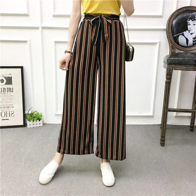 

2019 New Hot Selling Korean Version of Striped Loose Wide Leg Pants High Waist Bow Drawstring Striped Wide Leg Pants Casual