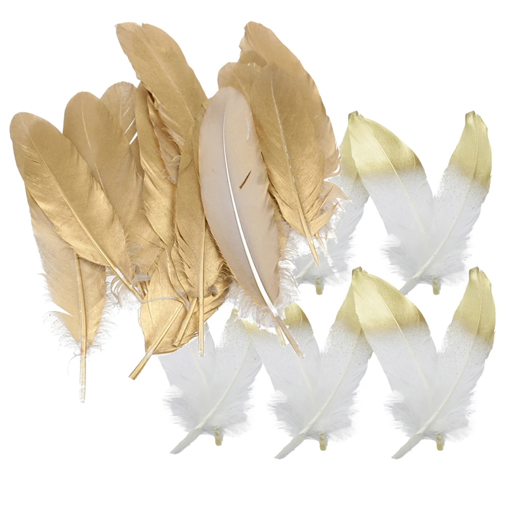 fityle 24pcs Natural Goose Feather for DIY Crafts Hat Making Paty Decoration 15-20cm White and Gold