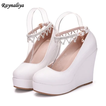 

New Women Pumps Sexy Wedges High Heels Female Wedding Shoes White Ladies Casual Shoes Rhinestone Ankle Strap Shoes XY-B0065