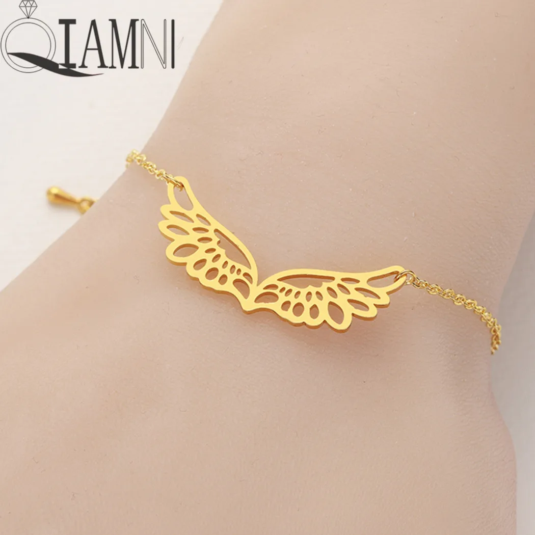 

QIAMNI Handmade Angel Wing Chain Cuff Bracelet Bangle for Women Unique Double Wings Guardian Bracelet Birthday Gift Pulsera