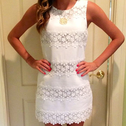 Women Summer Sexy Package Hip Slim Round Neck Sleeveless Lace Flower Mini Dress New Arrival | Женская одежда