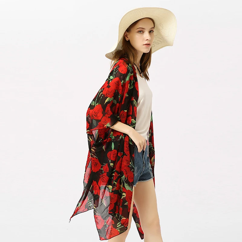 

Summer new beach holiday sun protection shirt womens Chiffon printing Medium long section Cover-Ups womens shawl 2019