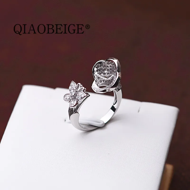 QIAOBEIGE кольцо из серебра 925 пробы с жемчугом в виде бабочек и сердечек