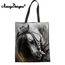 Бесшумный дизайн холщовая женская льняная сумка крутая лошадь животный принт Интернет-магазин большие сумки для покупок Складные Многоразовые Экологичные