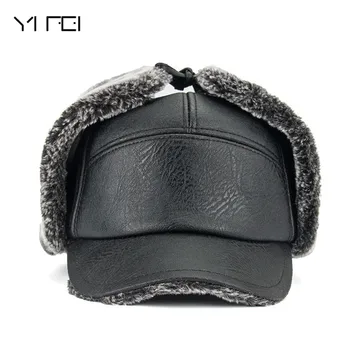 

YIFEI 2018 Men Warm PU Leather Dad Hat Fur Bomber Hats Men With Earflaps Outdoor Gorras Casquette Winter Hats Snapback Cap