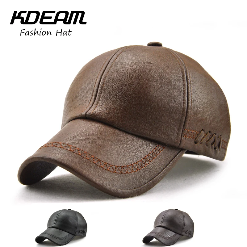 

KDEAM Brand Leather Caps For man 2018 New Arrival Solid Caps Fashion business Flat Baseball Cap women PU hat 3 colors 56921