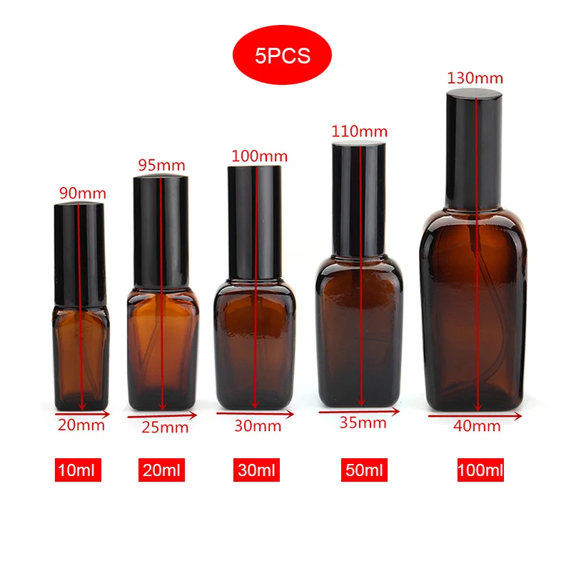 5 шт. пустой квадратный янтарного цвета стеклянная бутылка спрей 10/20/30/50/100 мл