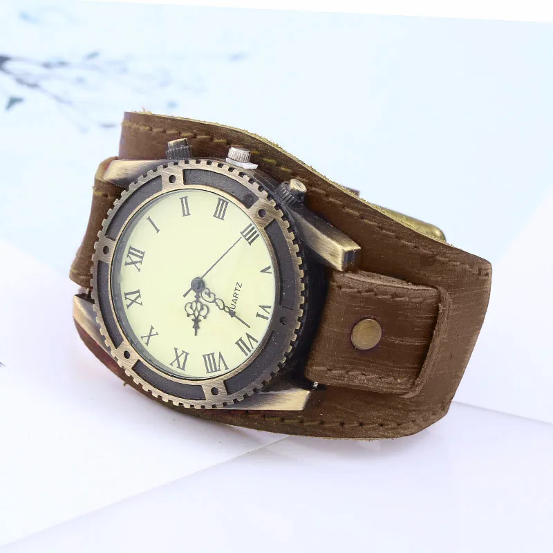 Мужские часы Панк Винтаж коровья кожа наручные часы циферблат с римскими цифрами повседневные часы подарок LL@ 17