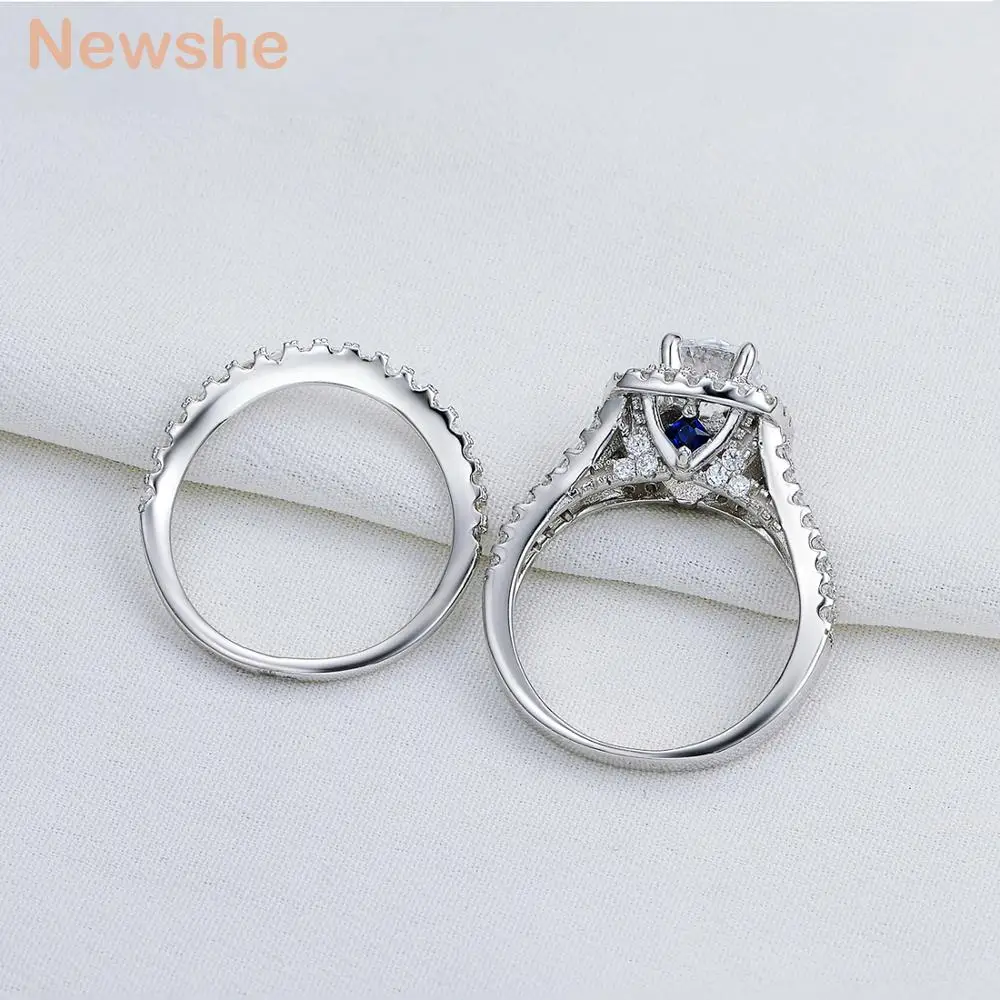 Newshe 2 Pcs Solid 925 Sterling Silver Women's Wedding Ring Sets Victorian Style Blue Side Stones Classic Jewelry For Women