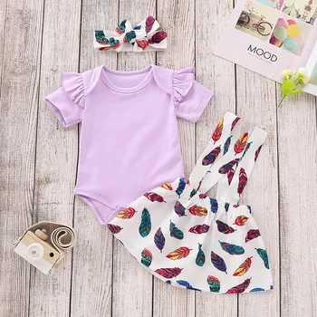 

3pcs Cute Children Clothes Set Feather Print Short Sleeve Romper Sling Dress Hairband Kids Girls Jumpsuit Short Sleeve Headband