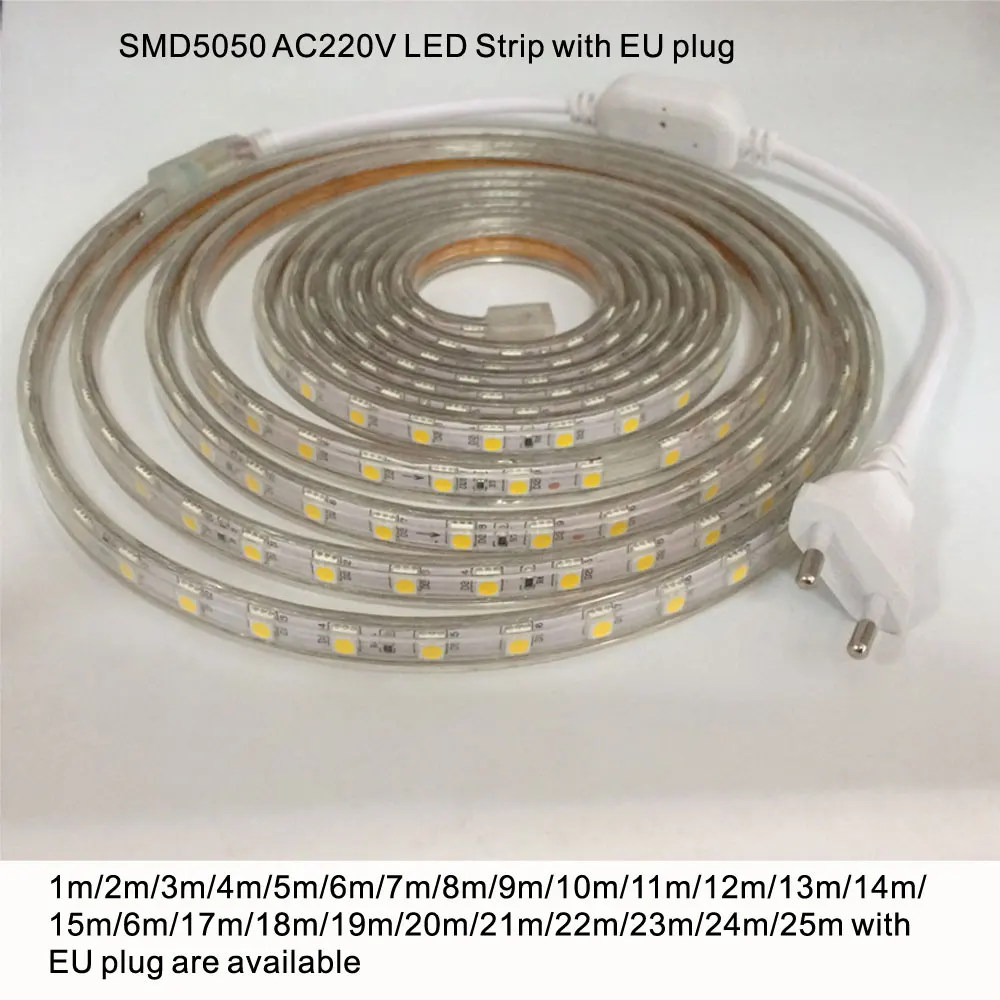 220 V SMD 5050 Светодиодные полосы светильник 220 V Мощность штекер белое свечение, теплое белое свечение, 60 светодиодов/m 300led Водонепроницаемый IP67 светодиодных лент