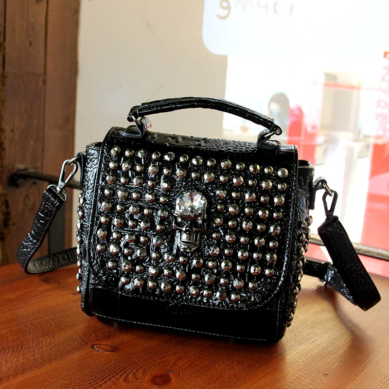 2016 Rivet punk female bag tide models patent leather crocodile skull diamond font b handbag b