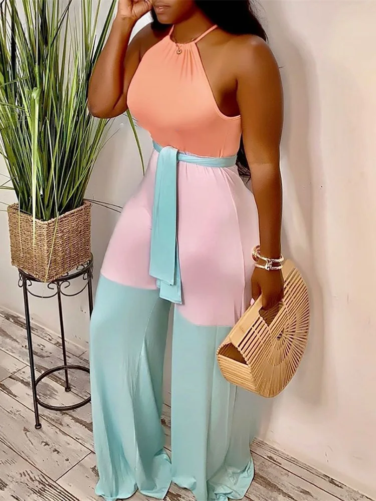 

Plus Size Halter Contrast Color Sleeveless Jumpsuits 2019 Summer Women Vacation Holiday Boho Leisure Jumpsuit Female 2XL