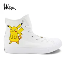 Вэнь ручная роспись Пикачу обувь Косплэй обувь Покемон Pocket Monster Дизайн белый холст кроссовки высокие ботильоны завязки кеды