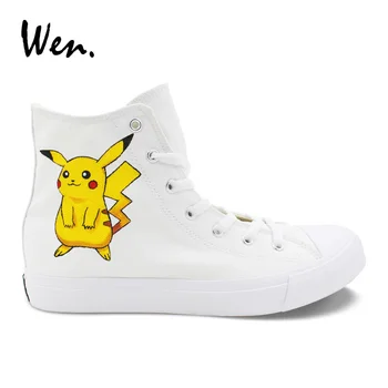 

Wen Hand Painted Pikachu Shoes Cosplay Shoes Pokemon Pocket Monster Design White Canvas Sneakers High Ankle Lacing Plimsolls