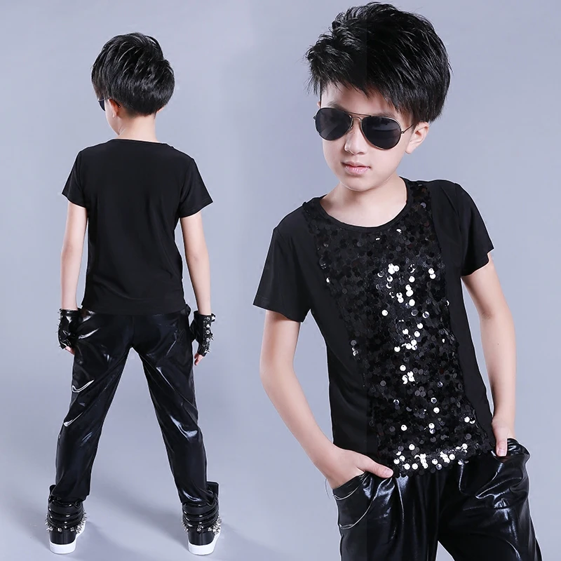 Детский костюм для джазовых танцев футболка с короткими рукавами с блестками для мальчиков одежда в стиле хип-хоп детская современная одежда для выступлений DNV11051
