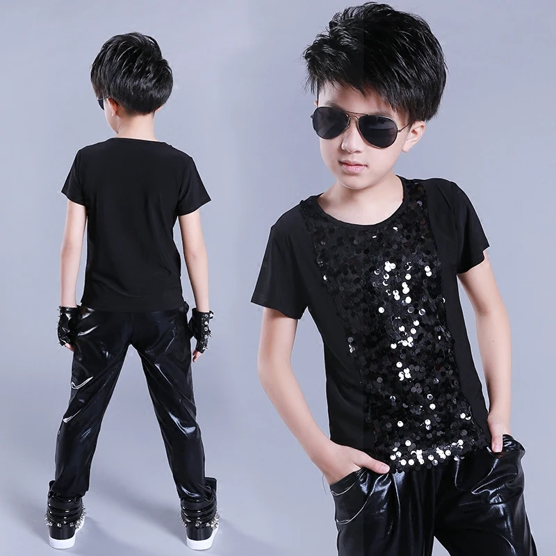Children's Jazz Dance Costume Boy Short Sleeve Sequin Top Shirt Hip Hop Clothes Kids Modern Performance Dancing Outfit DNV11051