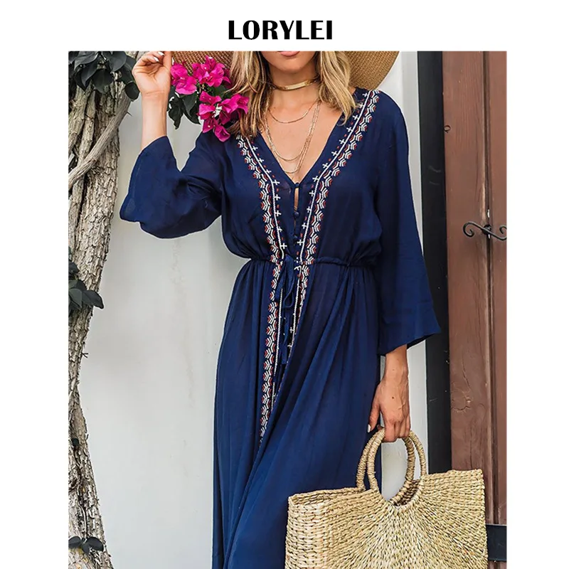 

Elegant Blue Long Cotton Women Summer Beach Tunic Dress Plus Size Swimsuit Cover Up Pareo Kaftan Femme Plage Swim Coverup N529