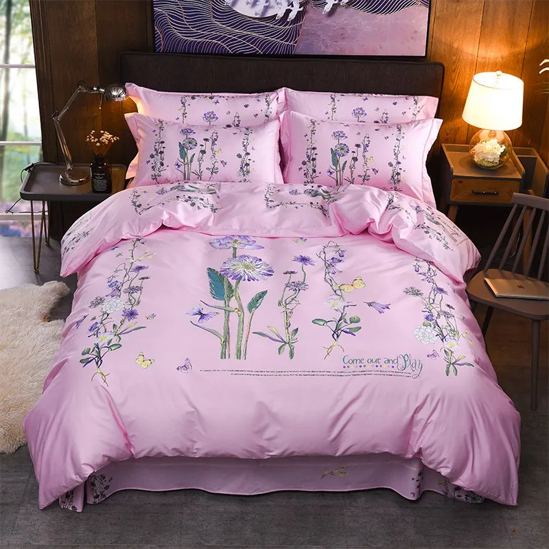 Posodono pink and purple floral bedding set 100 cotton modern bedsheet