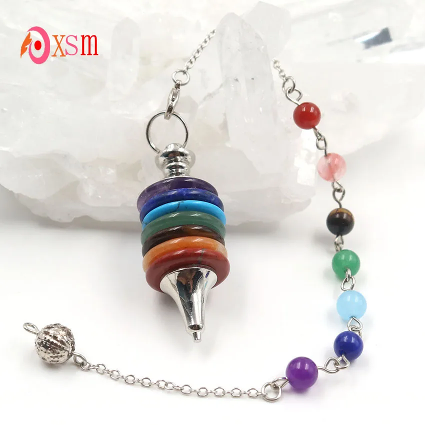 

xinshangmie Newest 7 Colour Round Hollow Stone Layer Pendulum Dowsing Divination Healing 7 Chakra Chain Balancing Reiki Pendant