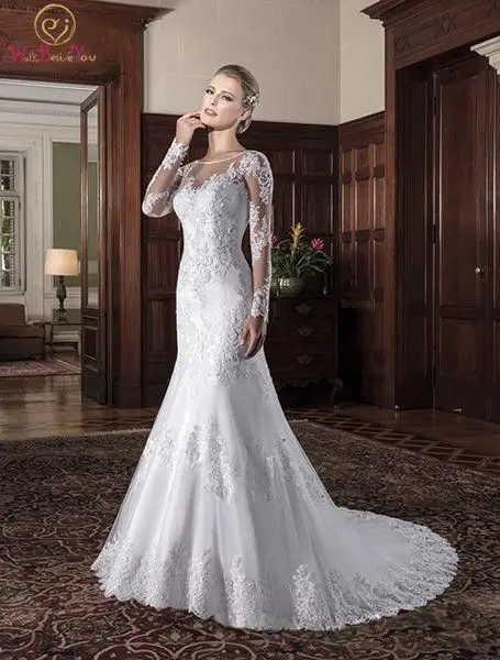 

Appliques Lace 2019 Wedding Dress Lace Top O Neck Illusion Sleeves Sexy Sweep Train Mermaid Buttons Back Customized Bridal Gown