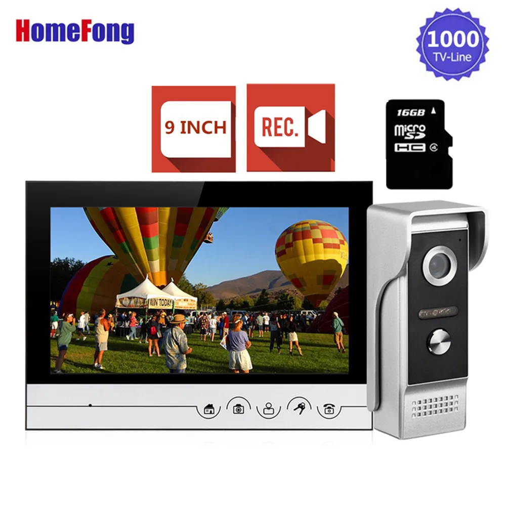 

Homefong 9 Inch Video Door Phone Doorbell Intercom System with Recording Function SD Card Ring Video Door Panel 1000 TVL IR