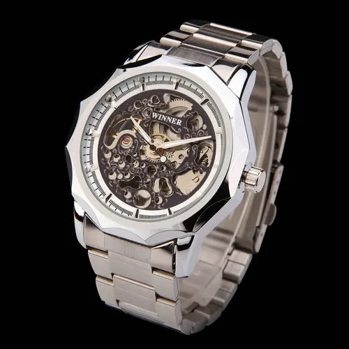 Бренд WINNER часы Мужские механические наручные часы с скелетом модные повседневные автоматические часы с золотым стальным ремешком relogio masculino - Цвет: Silver White